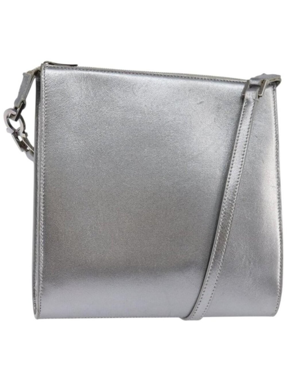 Authentic Salvatore Ferragamo Gancini Shoulder Bag Leather Silver